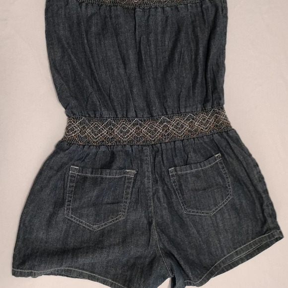 Blue Spice Size Medium Chambray Shirring Romper Jumpsuit shorts Pockets - Picture 5 of 11